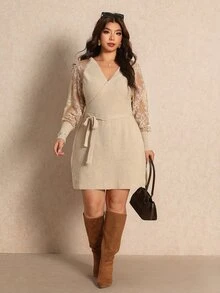 Elaquor Plus Size Women Solid Color Contrast Lace Raglan Long Sleeve Knotted Waist Elegant Knit Dress - Khaki - View 1