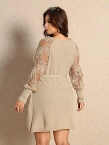 Elaquor Plus Size Women Solid Color Contrast Lace Raglan Long Sleeve Knotted Waist Elegant Knit Dress - Khaki - View 2