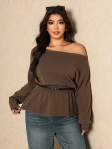 Elaquor Plus Size Women Solid Color Asymmetric Shoulder Drop Shoulder Long Sleeve Fashion Pullover Sweater Fall Party Evening Formal Grey Casual Baggy Elegant - Brown - View 6
