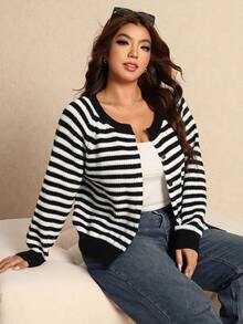 Elaquor Women's Plus Size Front Button Striped Long Sleeve Cardigan Winter, Fall/Winter, Thanksgiving, New Year - Black - View 1