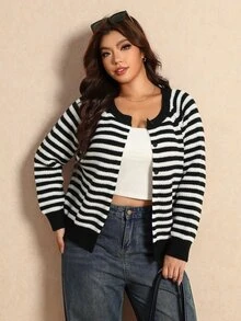 Elaquor Women's Plus Size Front Button Striped Long Sleeve Cardigan Winter, Fall/Winter, Thanksgiving, New Year - Black - View 4