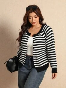 Elaquor Women's Plus Size Front Button Striped Long Sleeve Cardigan Winter, Fall/Winter, Thanksgiving, New Year - Black - View 3