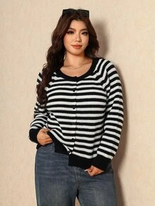 Elaquor Women's Plus Size Front Button Striped Long Sleeve Cardigan Winter, Fall/Winter, Thanksgiving, New Year - Black - View 5