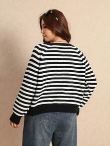 Elaquor Women's Plus Size Front Button Striped Long Sleeve Cardigan Winter, Fall/Winter, Thanksgiving, New Year - Black - View 2