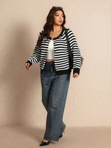 Elaquor Women's Plus Size Front Button Striped Long Sleeve Cardigan Winter, Fall/Winter, Thanksgiving, New Year - Black - View 6