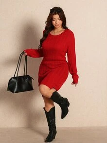 Elaquor Plus Size Women's Cable Knit Round Neck Long Sleeve Casual Knit Dress Winter - Red - View 2