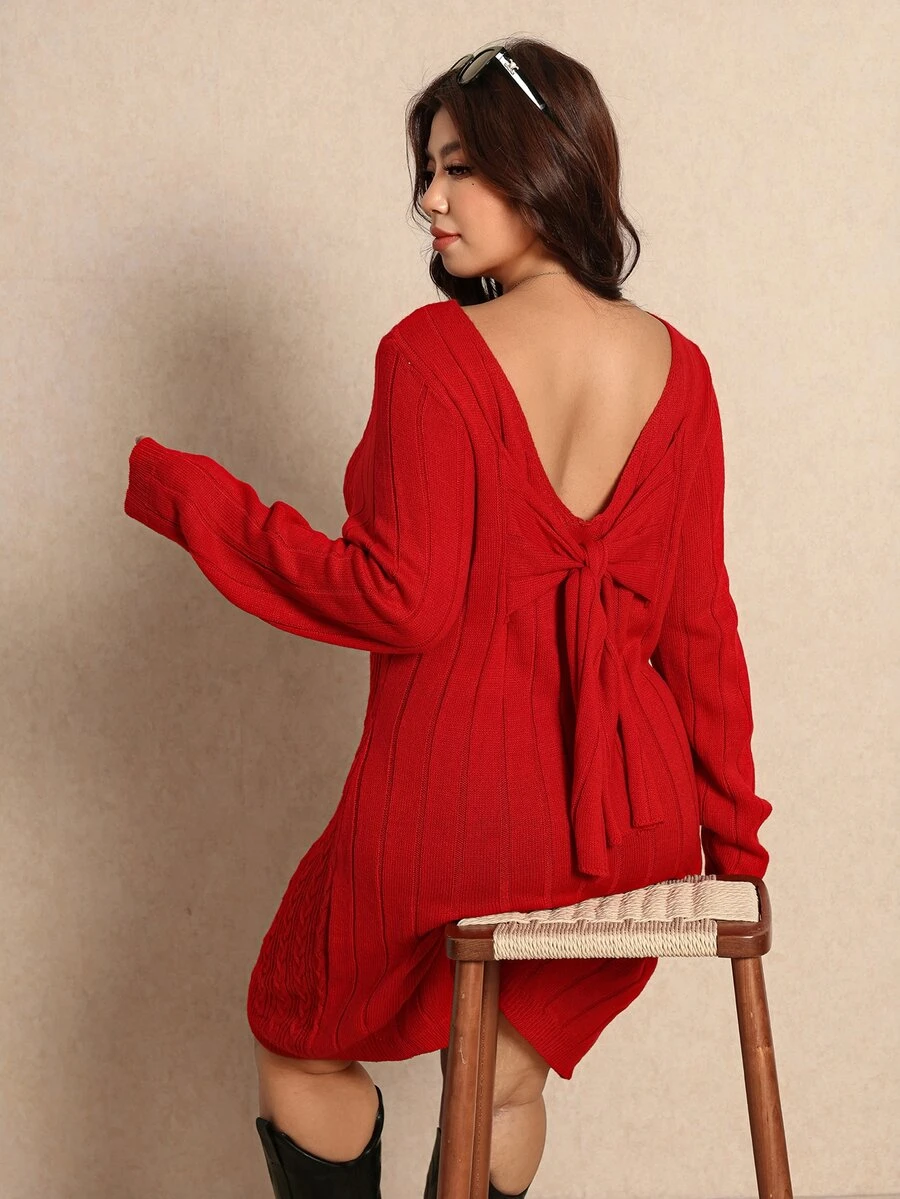 Elaquor Plus Size Women's Cable Knit Round Neck Long Sleeve Casual Knit Dress Winter - Red - View 1