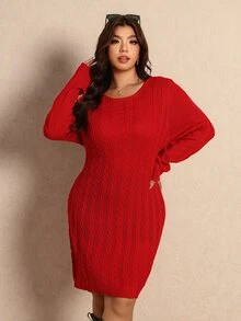 Elaquor Plus Size Women's Cable Knit Round Neck Long Sleeve Casual Knit Dress Winter - Red - View 3