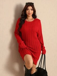 Elaquor Plus Size Women's Cable Knit Round Neck Long Sleeve Casual Knit Dress Winter - Red - View 4