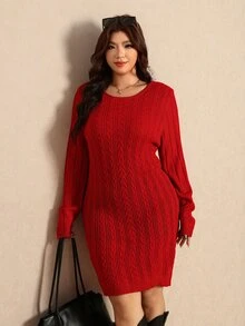 Elaquor Plus Size Women's Cable Knit Round Neck Long Sleeve Casual Knit Dress Winter - Red - View 6