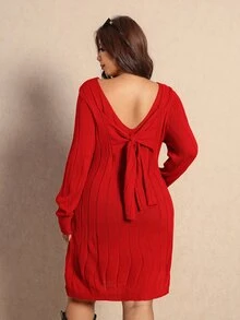Elaquor Plus Size Women's Cable Knit Round Neck Long Sleeve Casual Knit Dress Winter - Red - View 5