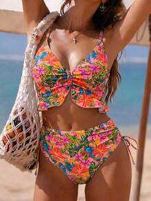 Swim Vcay Women's Beach Holiday Ruffle Hem Drawstring Sexy Leopard Print Camisole Bikini Top - Multicolor - View 1