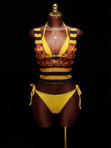 Zestiva Women's High Quality 3-Piece Sexy Bikini Set, Tie-Neck Halter Separate Swimsuit, Beach Vacation Outfit - Multicolor - View 5