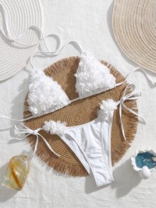 SHEIN Swim 2pcs Women Elegant Solid Color Halter Spaghetti Strap Swimwear With 3D Floral Decor, Beach Vacation Style For Summer - White - View 5