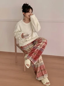 Dazy Plus Autumn/Winter Plush Thick Solid Color Top & Plaid Pajama Pants Set - Apricot - View 6