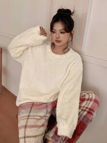 Dazy Plus Autumn/Winter Plush Thick Solid Color Top & Plaid Pajama Pants Set - Apricot - View 4