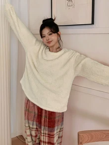Dazy Plus Autumn/Winter Plush Thick Solid Color Top & Plaid Pajama Pants Set - Apricot - View 7