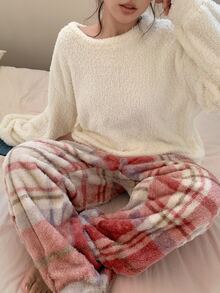 Dazy Plus Autumn/Winter Plush Thick Solid Color Top & Plaid Pajama Pants Set - Apricot - View 3