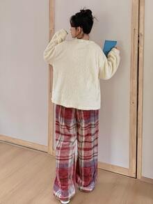 Dazy Plus Autumn/Winter Plush Thick Solid Color Top & Plaid Pajama Pants Set - Apricot - View 2
