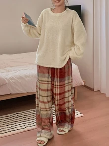 Dazy Plus Autumn/Winter Plush Thick Solid Color Top & Plaid Pajama Pants Set - Apricot - View 8