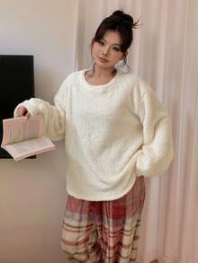 Dazy Plus Autumn/Winter Plush Thick Solid Color Top & Plaid Pajama Pants Set - Apricot - View 1