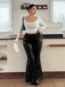 Dazy Plus Autumn New High Waist Slim Fit Solid Color Leather Fabric Flattering Slight Flare Long Pants - Black - View 6