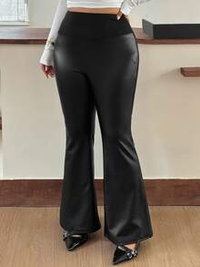 Dazy Plus Autumn New High Waist Slim Fit Solid Color Leather Fabric Flattering Slight Flare Long Pants - Black - View 4