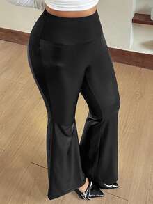 Dazy Plus Autumn New High Waist Slim Fit Solid Color Leather Fabric Flattering Slight Flare Long Pants - Black - View 7