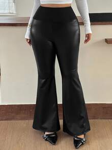 Dazy Plus Autumn New High Waist Slim Fit Solid Color Leather Fabric Flattering Slight Flare Long Pants - Black - View 8