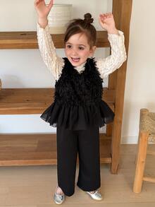 Hapijoa Young Girls V-Neck Sleeveless Casual Top + Straight Leg Pants 2 Pieces Shirt Set Fall - Black - View 3