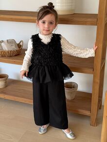 Hapijoa Young Girls V-Neck Sleeveless Casual Top + Straight Leg Pants 2 Pieces Shirt Set Fall - Black - View 5