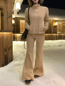 DAZY Women's Velvet-Feel Long Sleeve Autumn/Winter Korean Style Elegant 2 Pieces Set - Khaki - View 10