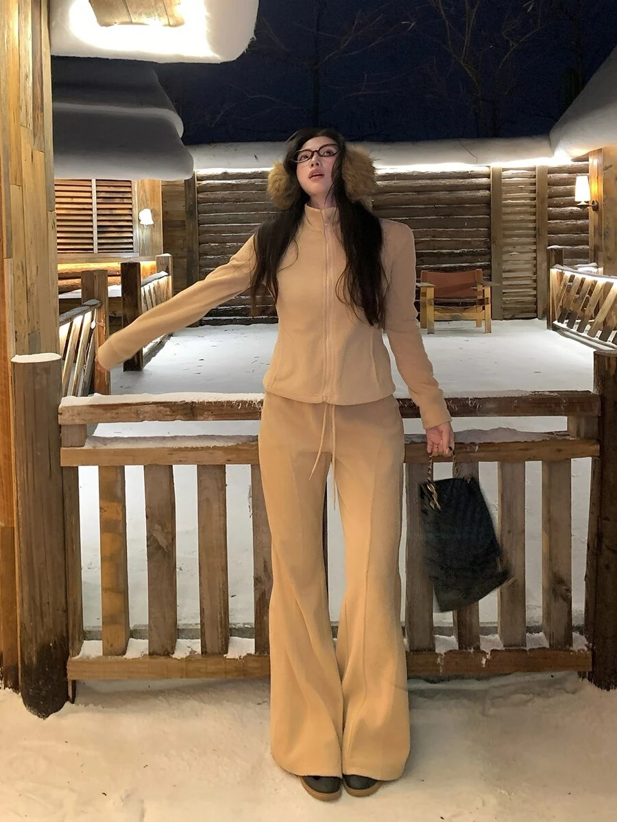 DAZY Women's Velvet-Feel Long Sleeve Autumn/Winter Korean Style Elegant 2 Pieces Set - Khaki - View 1