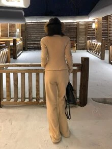 DAZY Women's Velvet-Feel Long Sleeve Autumn/Winter Korean Style Elegant 2 Pieces Set - Khaki - View 2