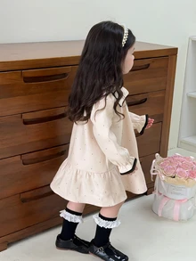 Dazy Kids فستان أكمام طويلة بلون موحد مع ياقة للرضع/الأطفال الصغار (بنات) - أبيض - مشاهدة 2