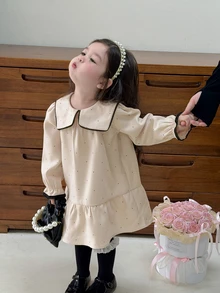 Dazy Kids فستان أكمام طويلة بلون موحد مع ياقة للرضع/الأطفال الصغار (بنات) - أبيض - مشاهدة 1
