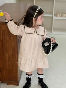 Dazy Kids فستان أكمام طويلة بلون موحد مع ياقة للرضع/الأطفال الصغار (بنات) - أبيض - مشاهدة 4