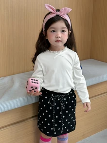 DAZY Infant/Toddler (Girl) Round Neck Bow Long Sleeve Solid Color Korean Style Top - White - View 3