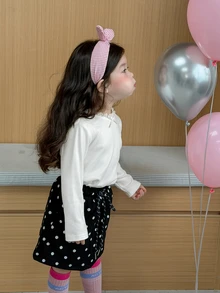 DAZY Infant/Toddler (Girl) Round Neck Bow Long Sleeve Solid Color Korean Style Top - White - View 1