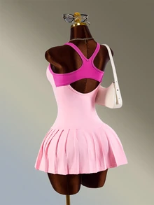 Amplova Women's Exposed Seam Design Patchwork Contrast Color Sporty Pleated Cami Dress Pink And Yellow Tennis Daily Fashion Workout Gym Casual Cute Y2k Summer - Pink - View 4