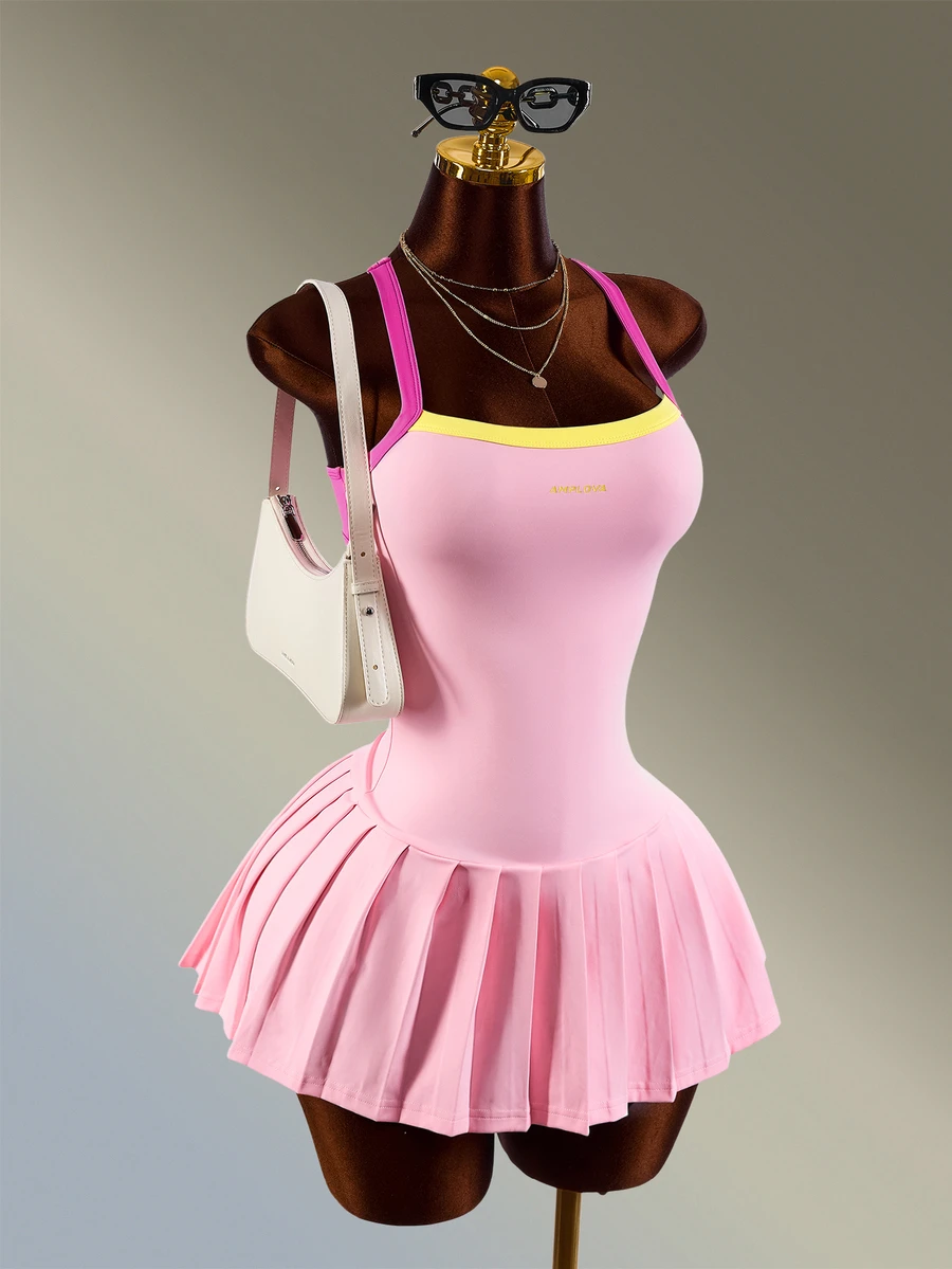 Amplova Women's Exposed Seam Design Patchwork Contrast Color Sporty Pleated Cami Dress Pink And Yellow Tennis Daily Fashion Workout Gym Casual Cute Y2k Summer
