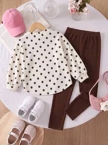 SHEIN Kids Young Girl Knit Polka Dot Round Neck 3D Bow Casual T-Shirt And Long Pants 2 Pieces Set, Suitable For All Seasons - Multicolor - View 7
