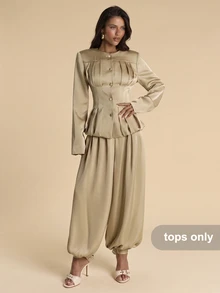 SHEIN BAE Women's Solid Color Single-Breasted Long Sleeve Ruched Waist Fashion Commuter Blazer - Khaki - View 6
