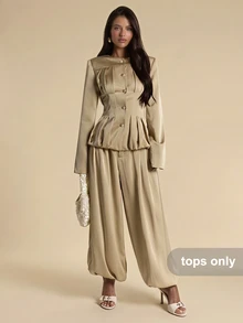 SHEIN BAE Women's Solid Color Single-Breasted Long Sleeve Ruched Waist Fashion Commuter Blazer - Khaki - View 3