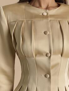 SHEIN BAE Women's Solid Color Single-Breasted Long Sleeve Ruched Waist Fashion Commuter Blazer - Khaki - View 7