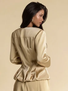 SHEIN BAE Women's Solid Color Single-Breasted Long Sleeve Ruched Waist Fashion Commuter Blazer - Khaki - View 2