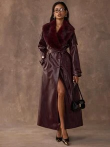 SHEIN BAE Women's Plush Patchwork Waist Tie Fashion Versatile Daily Casual Jacket - Burgundy - View 1