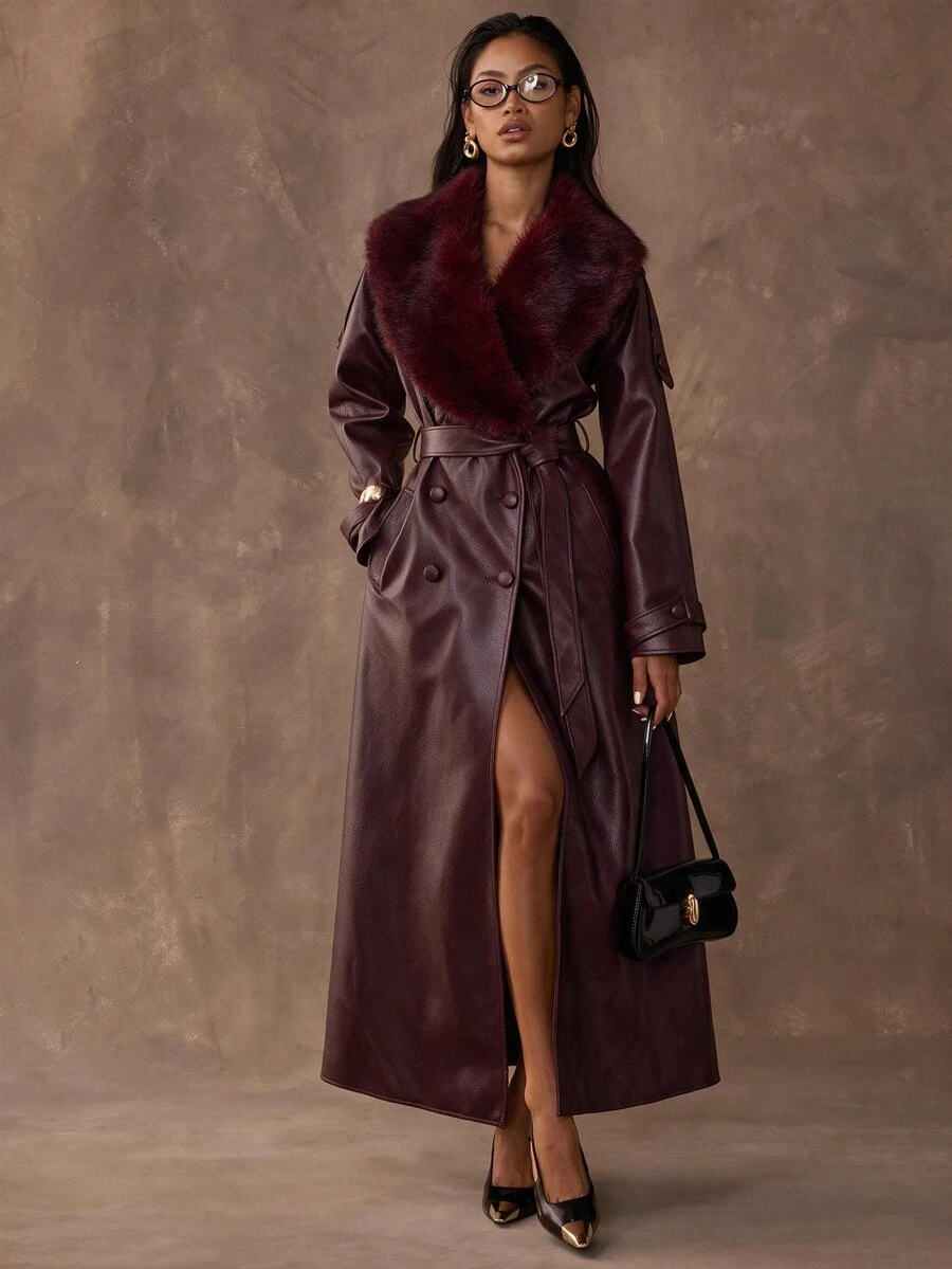SHEIN BAE Women's Plush Patchwork Waist Tie Fashion Versatile Daily Casual Jacket - Burgundy - View 1