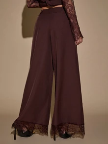 SHEIN BAE بنطلون نسائي بلون موحد مع تطريز دانتيل وتصميم حافة مفتوحة وساق واسعة، مناسب للعمل والتنقل اليومي - بني - مشاهدة 2