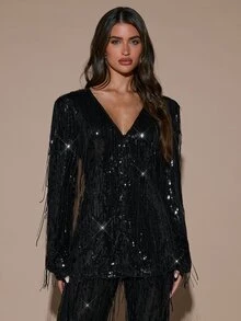 SHEIN BAE Women's Solid Color Sequin Tassel Design Fashionable Elegant Blazer - Black - View 6